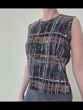 Vintage Plissé micro pleated sleeveless top size m abstract multi color